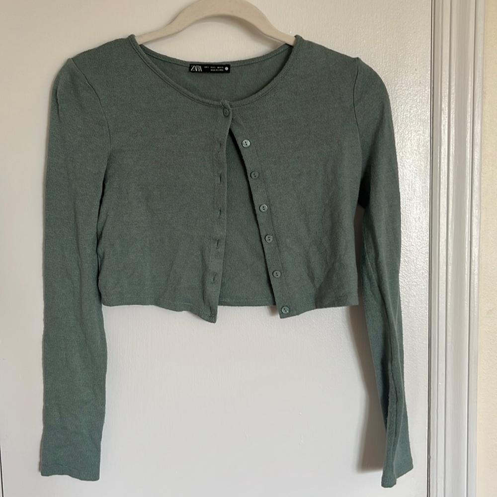 Zara green cropped buttoned down cardigan sweater size small